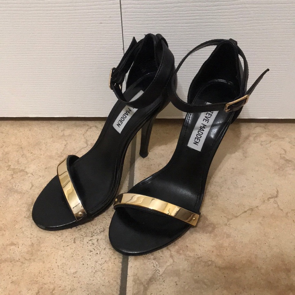 Steve Madden Black Strappy Heels with Gold Metal
